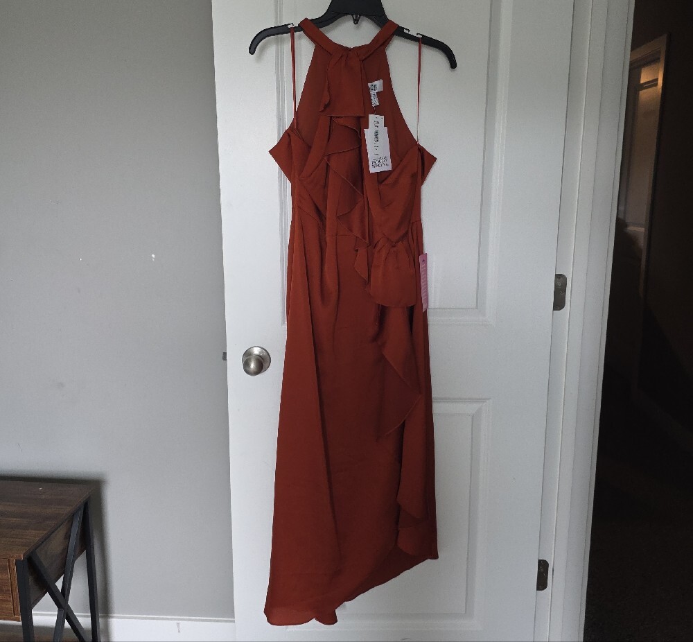 Badgley Mischka Rust Halter Ruffle High-Low Gown - Picture 4 of 16